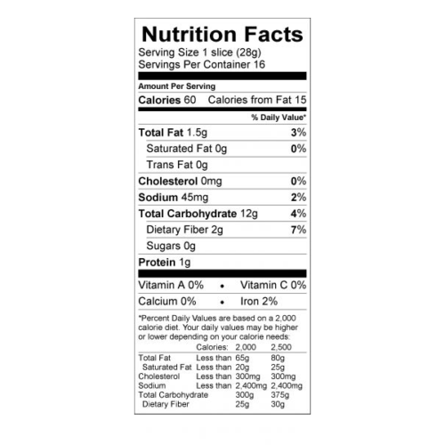 Gluten Free Vegan Bread Nutritional Panel