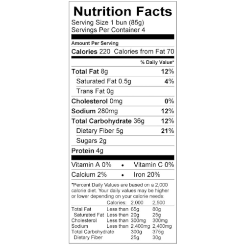 Gluten Free Millet Hot Dog Buns Nutritional Label