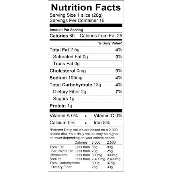 Gluten Free Rice Bread Nutritional Label