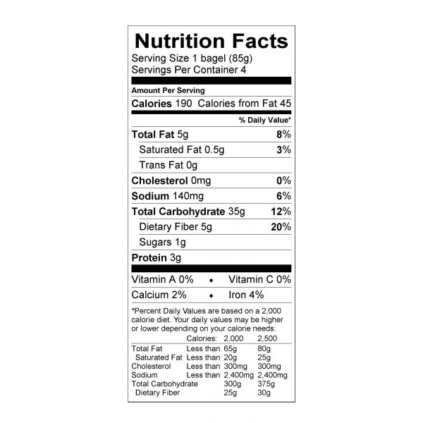 Gluten Free Vegan Bagels Nutritional Label